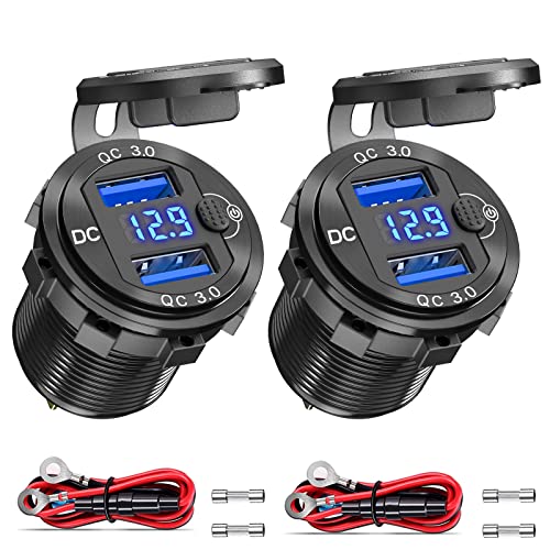 12V USB Outlet 2 Pack, Dual Quick Charge 3.0, Socket Waterproof Aluminum Charger with LED Voltmeter and Power Switch, Adapter for Marine Motorcycle Truck Golf Cart RV, Car etc.