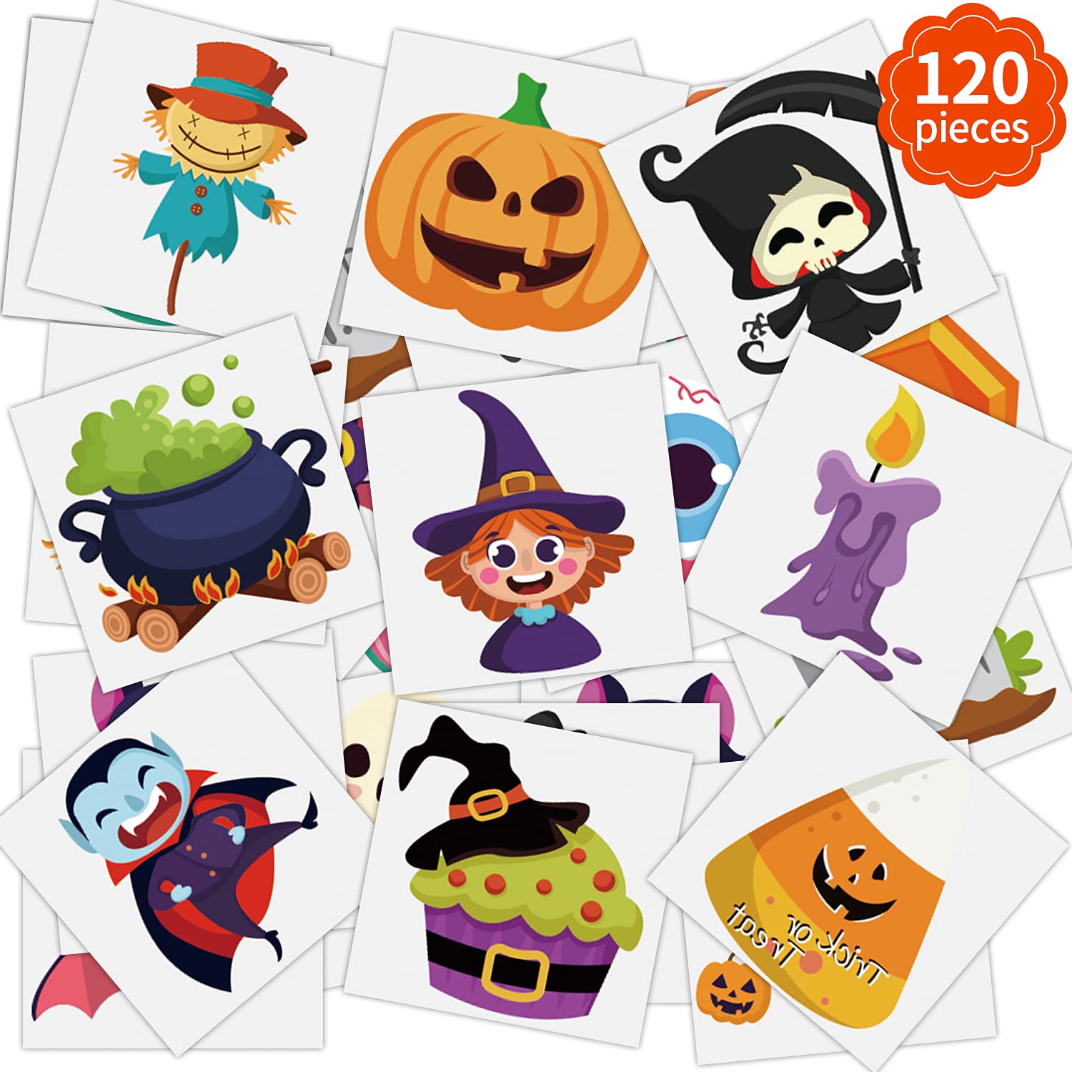 FINGOOO Halloween Temporary Tattoos for Kids,120 Pieces Halloween Tattoo Waterproof Halloween Party Favor Goodie Bag Stuffers(20 Styles)