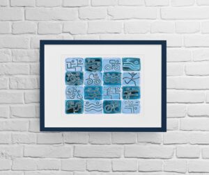 blue stamp triathlon v2 - triathlon art print - triathlon wall decor - gift for triathlete- swim, bike, run poster (14x11)