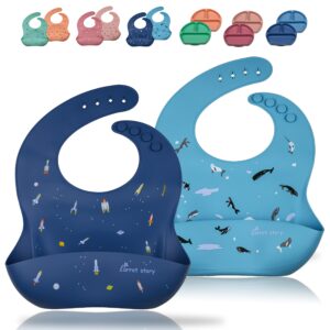 carrot story 100% silicone pocket baby toddler bibs, waterproof washable bibs, bpa free, microwave/dishwasher safe, set of 2 (whales & rockets)