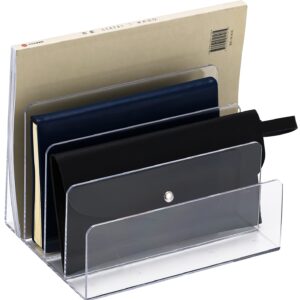 Sooyee File Organizer for Desk, Mail Organizer Countertop,4-Section File Holder for Home Office,Book Organizer,Acrylic Desk Organizer for Letter, Document, Notebook, Binder, Purse, Palette,Clear