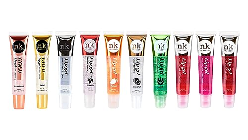 VARIETY SET OF 10 NICKA-K Vitamin-E Lip Gloss (Gold, Rose Gold, Clear, Rosehip, Coconut, Aloe, Mango, Strawberry, Bubble Gum, Cherry )