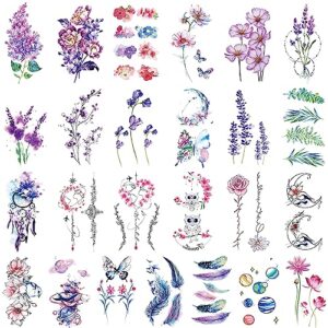glaryyears flower temporary tattoos for women, 45 pack small realistic fake tattoo stickers, long lasting watercolor floral feather design collection, sexy for girls on face body hand arm