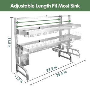 BOOSINY Over Sink Dish Drainer Drying Rack,Adjustable (25.5"-35.5") 3 Tier Large Dish Racks for Kitchen Storage Counter Organizer,Full 304 Stainless Steel Shelf with Utensil Holder and 10 Hooks