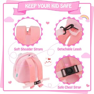 Toddler Backpack,Cute Plush Small Preschool Backpack with Leash Gift for Little Boys Girls Kids with Chest Strap,Pink Bunny VONXURY