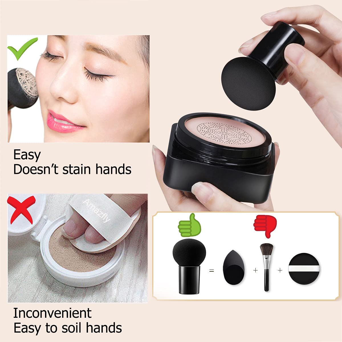 Amazfly Air Cushion CC Cream Mushroom Head Foundation, Moisturizing BB Cream Makeup Long Lasting Matte Concealer Bright Makeup Base Long Lasting with Mushroom Makeup Sponge (Natural)