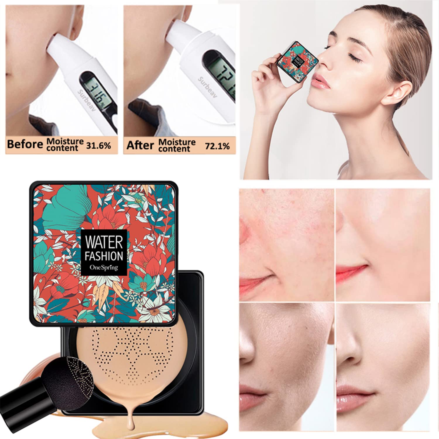 Amazfly Air Cushion CC Cream Mushroom Head Foundation, Moisturizing BB Cream Makeup Long Lasting Matte Concealer Bright Makeup Base Long Lasting with Mushroom Makeup Sponge (Natural)