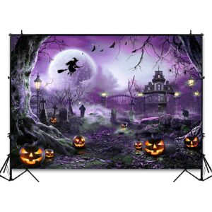 Avezano Halloween Photography Backdrop Full Moon Scary Night Castle Pumpkins Party Background Spooky Witch Bats Cemetery Child Kids Halloween Party Decorations Photoshoot Backdrops (7x5ft, Purple)