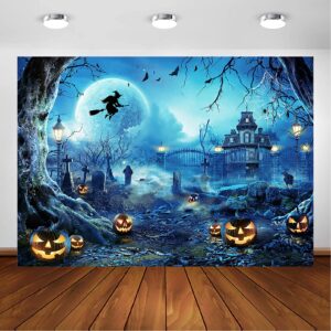 avezano halloween photography backdrop full moon scary night castle pumpkins party background spooky witch bats cemetery child kids halloween party decorations photoshoot backdrops (7x5ft, blue)