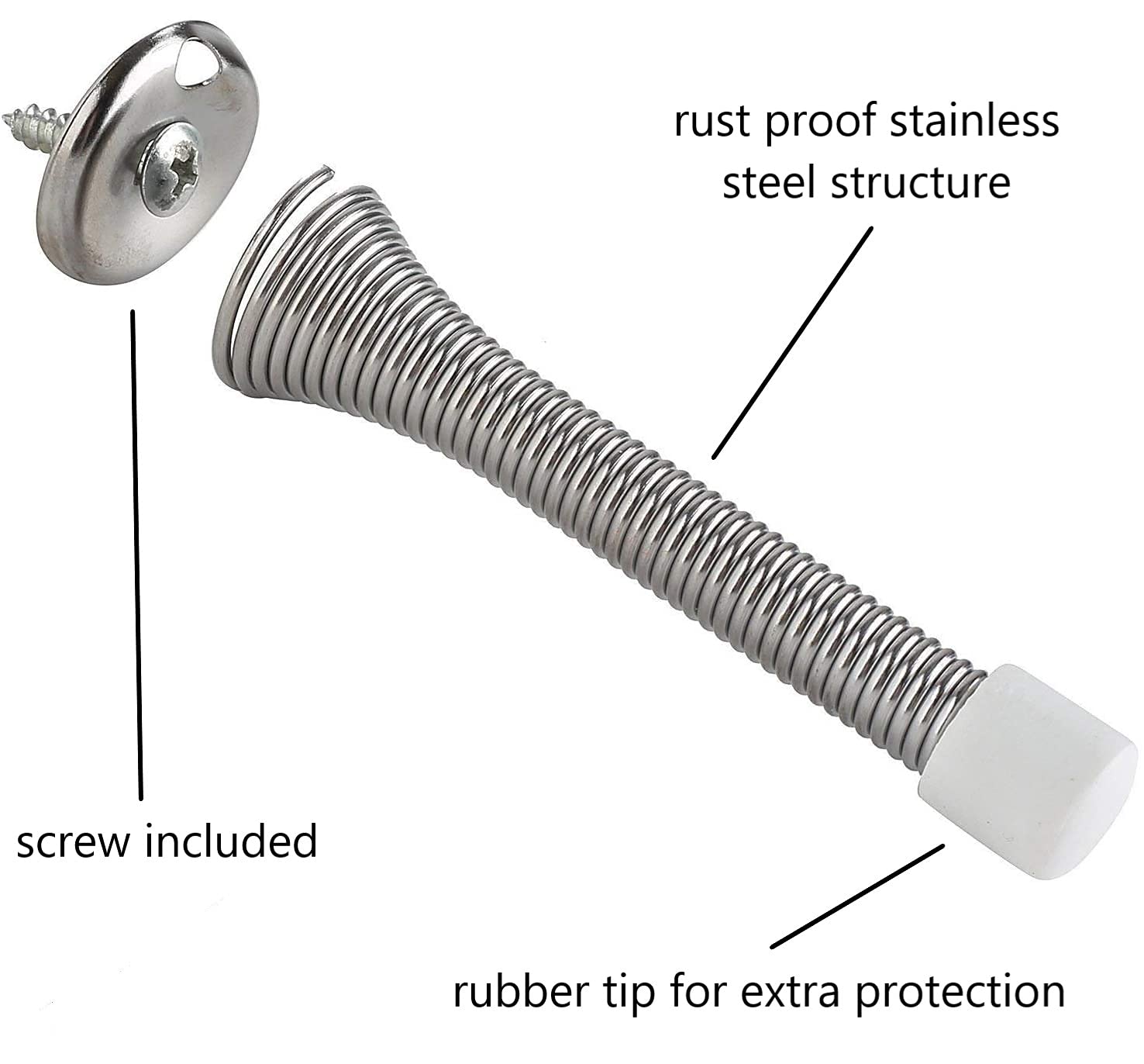 12 Pack Spring Door Stopper 3-1/8" Flexible Heavy Duty Screw-in Stainless Steel with Rubber Bumper (White)