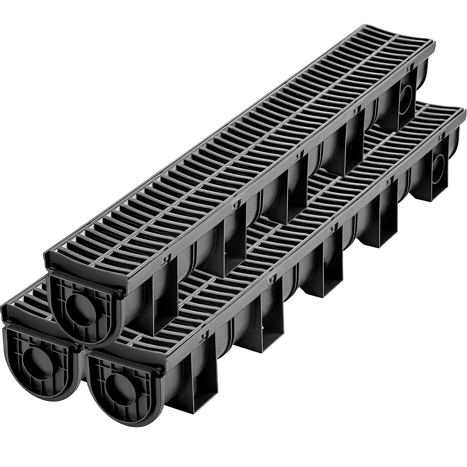 VEVOR Trench Drain System, Channel Drain with Plastic Grate, 5.9x5.1-Inch HDPE Drainage Trench, Black Plastic Garage Floor Drain, 3x39 Trench Drain Grate, with 3 End Caps, for Garden, Driveway-3 Pack