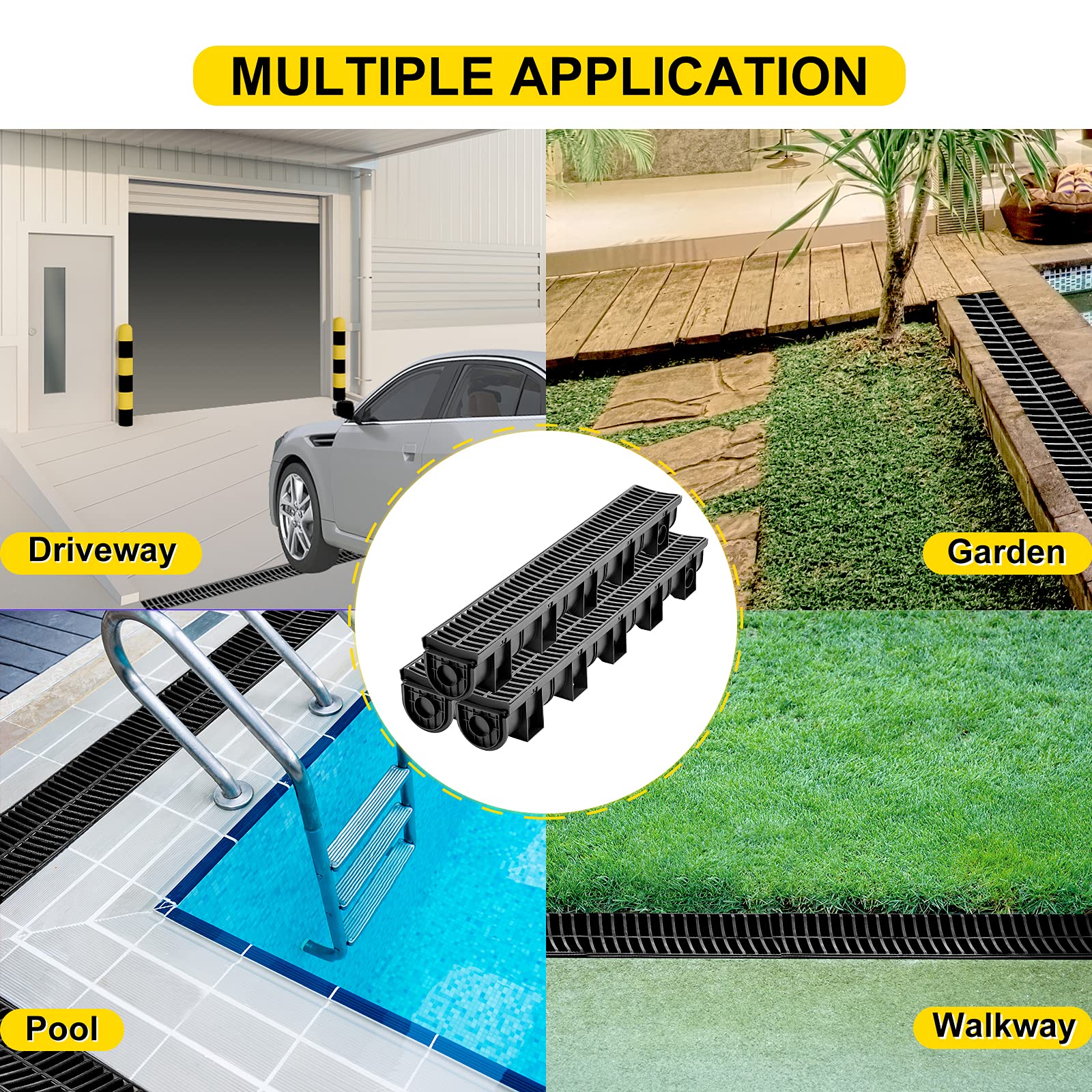 VEVOR Trench Drain System, Channel Drain with Plastic Grate, 5.9x5.1-Inch HDPE Drainage Trench, Black Plastic Garage Floor Drain, 3x39 Trench Drain Grate, with 3 End Caps, for Garden, Driveway-3 Pack