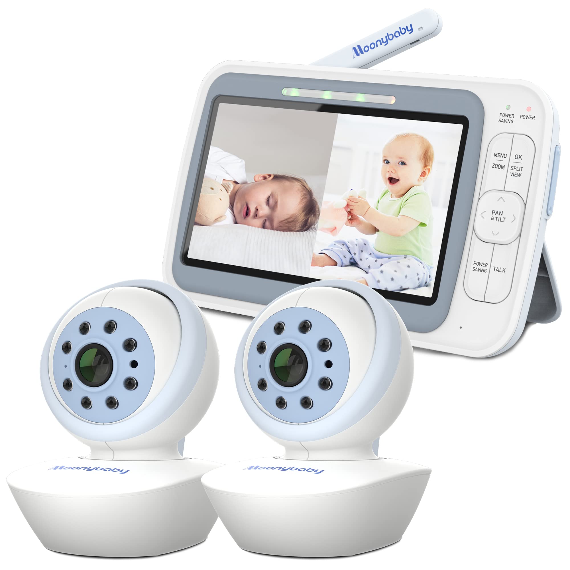 Moonybaby EMF Reduction Baby Monitor with 2 Cameras, Model:QuadView 60, 720P HD Resolution 5" Display, A.N.R. (Auto Noise Reduce), Pan Tilt Zoom, Split Screen, No WiFi, Long Range, 2-Way Audio