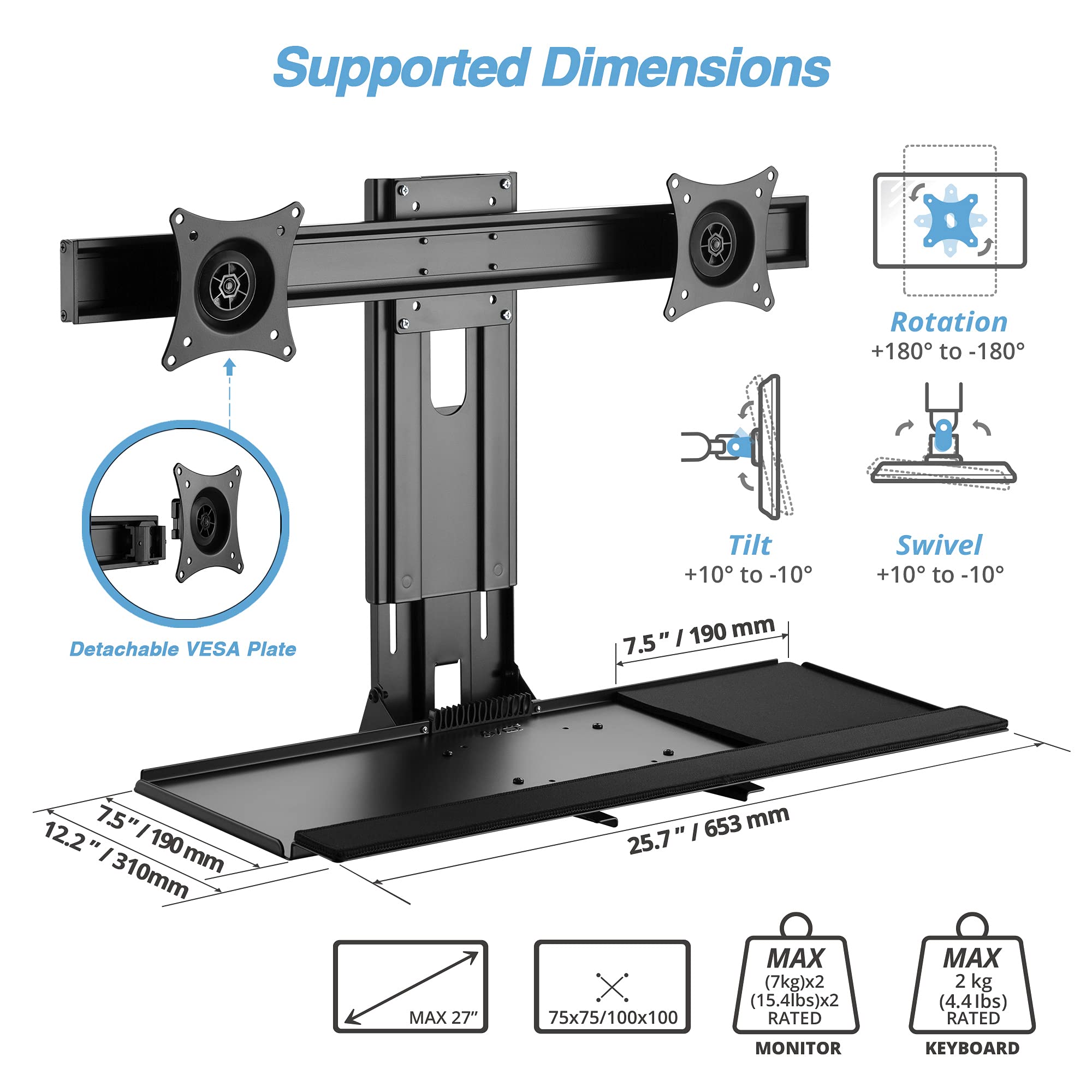 AVLT Dual 17”-27" Sit Stand Monitor Wall Mount with Height Adjustable Keyboard Tray Workstation – Adapter for VESA Compatible Wall Mounts – Keyboard Tray with Wrist Rest Mouse Pad