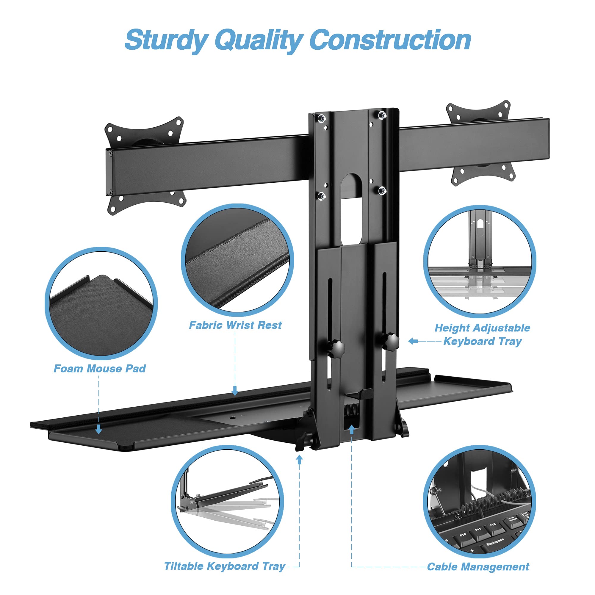 AVLT Dual 17”-27" Sit Stand Monitor Wall Mount with Height Adjustable Keyboard Tray Workstation – Adapter for VESA Compatible Wall Mounts – Keyboard Tray with Wrist Rest Mouse Pad