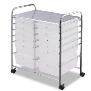 goflame 12-drawer rolling storage cart, multipurpose organizer cart with 2 sizes plastic drawers, mobile utility cart with lockable casters for school, home office, beauty salon, clear