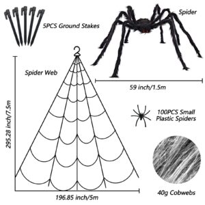 Halloween Decorations Outdoor 295'' Halloween Spider Web Decor 59'' Scary Giant Spider 100 Small Fake Spiders 40g Stretch Cobwebs Spider Webs Halloween Decorations for Outside Yard Garden Lawn Party