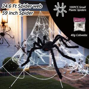 Halloween Decorations Outdoor 295'' Halloween Spider Web Decor 59'' Scary Giant Spider 100 Small Fake Spiders 40g Stretch Cobwebs Spider Webs Halloween Decorations for Outside Yard Garden Lawn Party