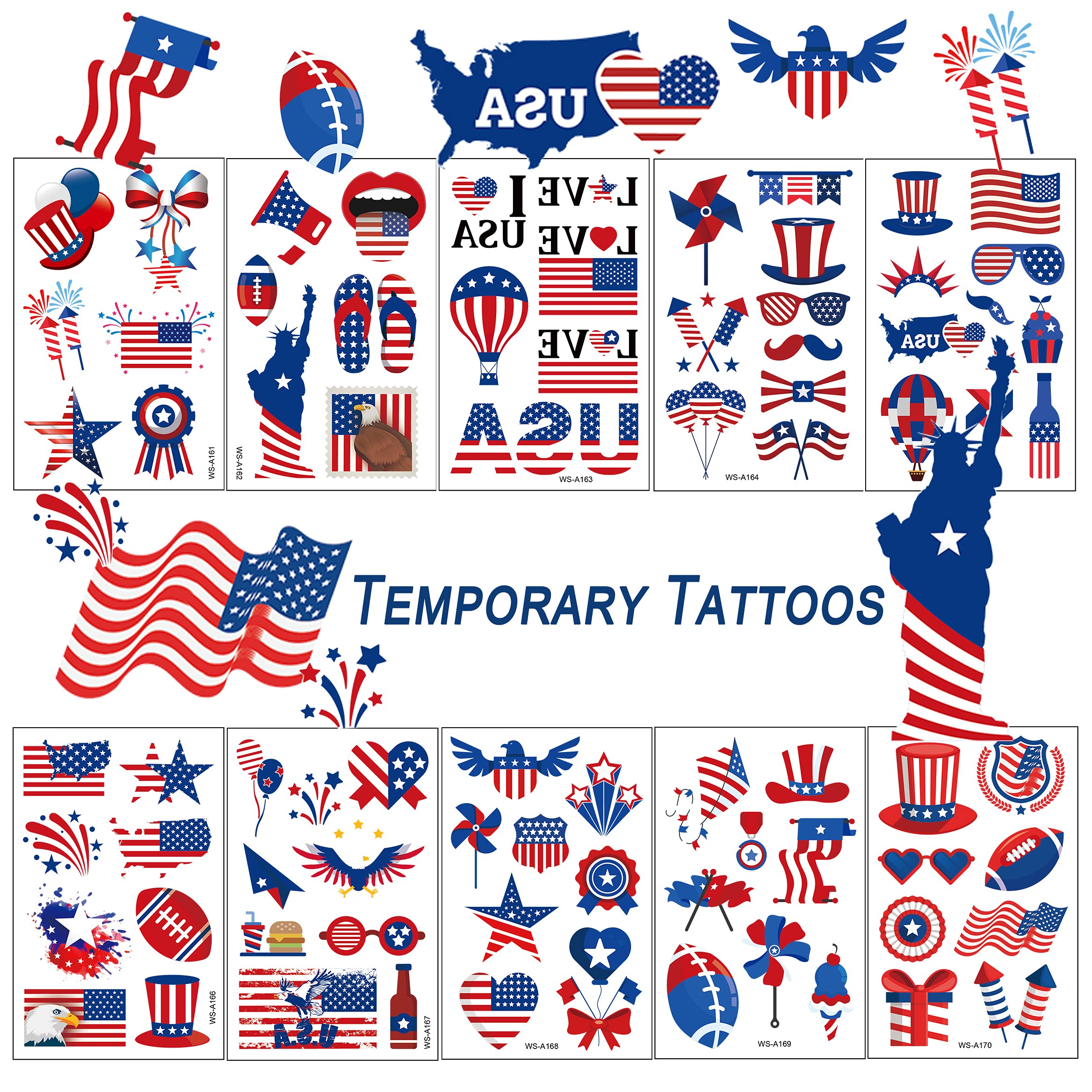 TopFunny Temporary Tattoos, 90Pcs Independence Day Tattoos (10 Sheets) American Flag Red White & Blue Design USA Body Art Patriotic Stickers for Labor Day Memorial Day Decoration Party Supplies Flags