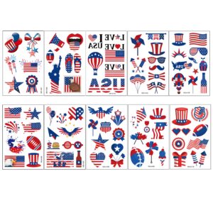 TopFunny Temporary Tattoos, 90Pcs Independence Day Tattoos (10 Sheets) American Flag Red White & Blue Design USA Body Art Patriotic Stickers for Labor Day Memorial Day Decoration Party Supplies Flags