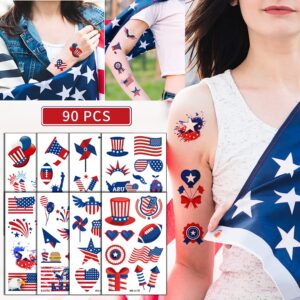 TopFunny Temporary Tattoos, 90Pcs Independence Day Tattoos (10 Sheets) American Flag Red White & Blue Design USA Body Art Patriotic Stickers for Labor Day Memorial Day Decoration Party Supplies Flags