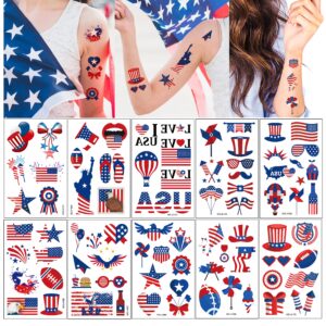 TopFunny Temporary Tattoos, 90Pcs Independence Day Tattoos (10 Sheets) American Flag Red White & Blue Design USA Body Art Patriotic Stickers for Labor Day Memorial Day Decoration Party Supplies Flags