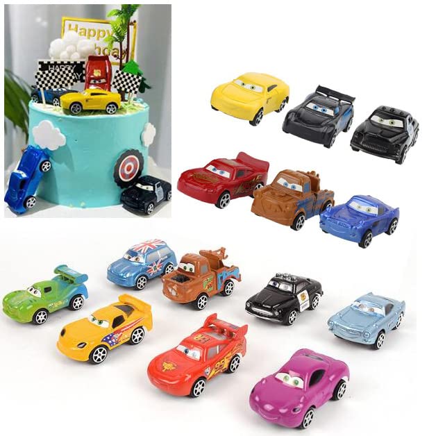 14 Pcs Miniature Car Figurines Playset, Mini Racers Car Cake Topper, Mini Car Figures Toy Cupcake Decorations for Kid Birthday Baby Shower Party Supplies