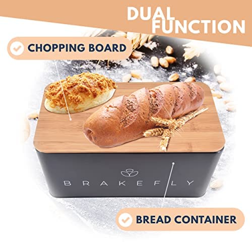 Brakefly Bread Box with Cutting Board Bamboo Lid, Metal Bread Bin Set with Wooden Top Chopping Board, Bread Storage Container Bin, Keeps Bread Fresher For Longer, Vintage Decor for Kitchen