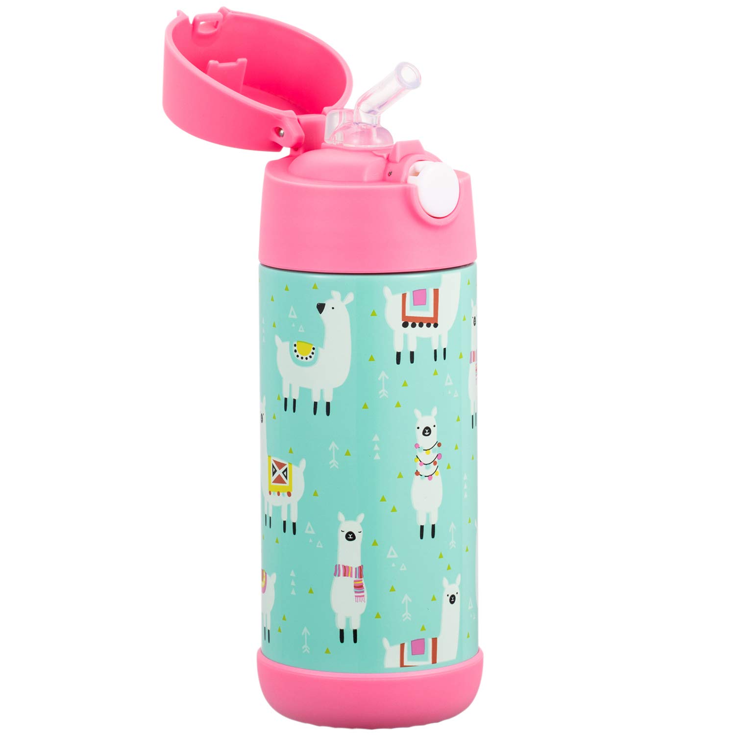 Snug Kids Water Bottle - insulated stainless steel thermos with straw (Girls/Boys) - Llamas, 12oz