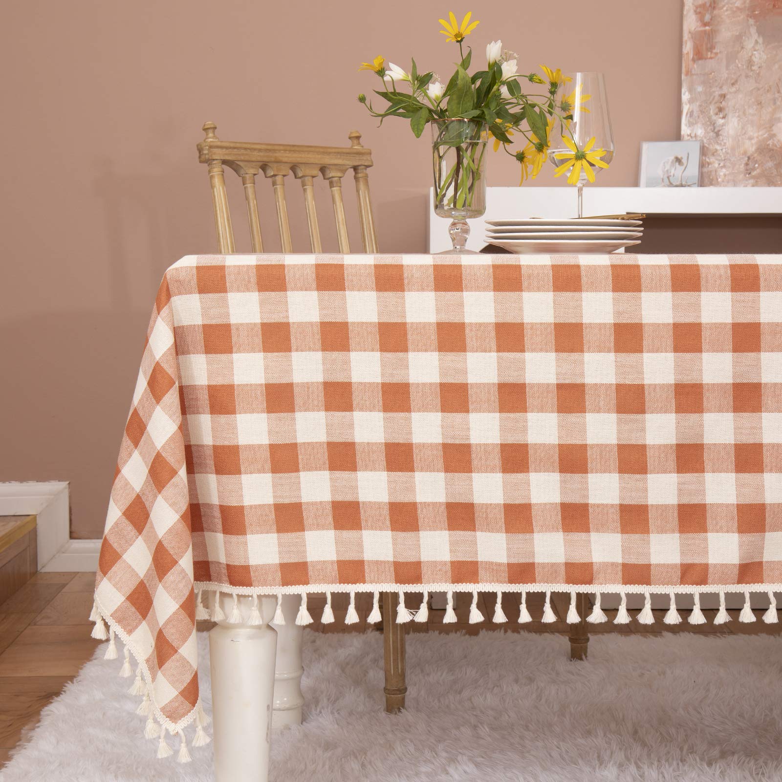 Midsummer Breeze Rustic Gingham Tablecloth, Cotton Buffalo Plaid Table Cloth for Fall Thanksgiving Christmas Kitchen Restaurant Holiday Outdoor Picnic Decoration（Rectangle/Oblong, 55x84,Orange