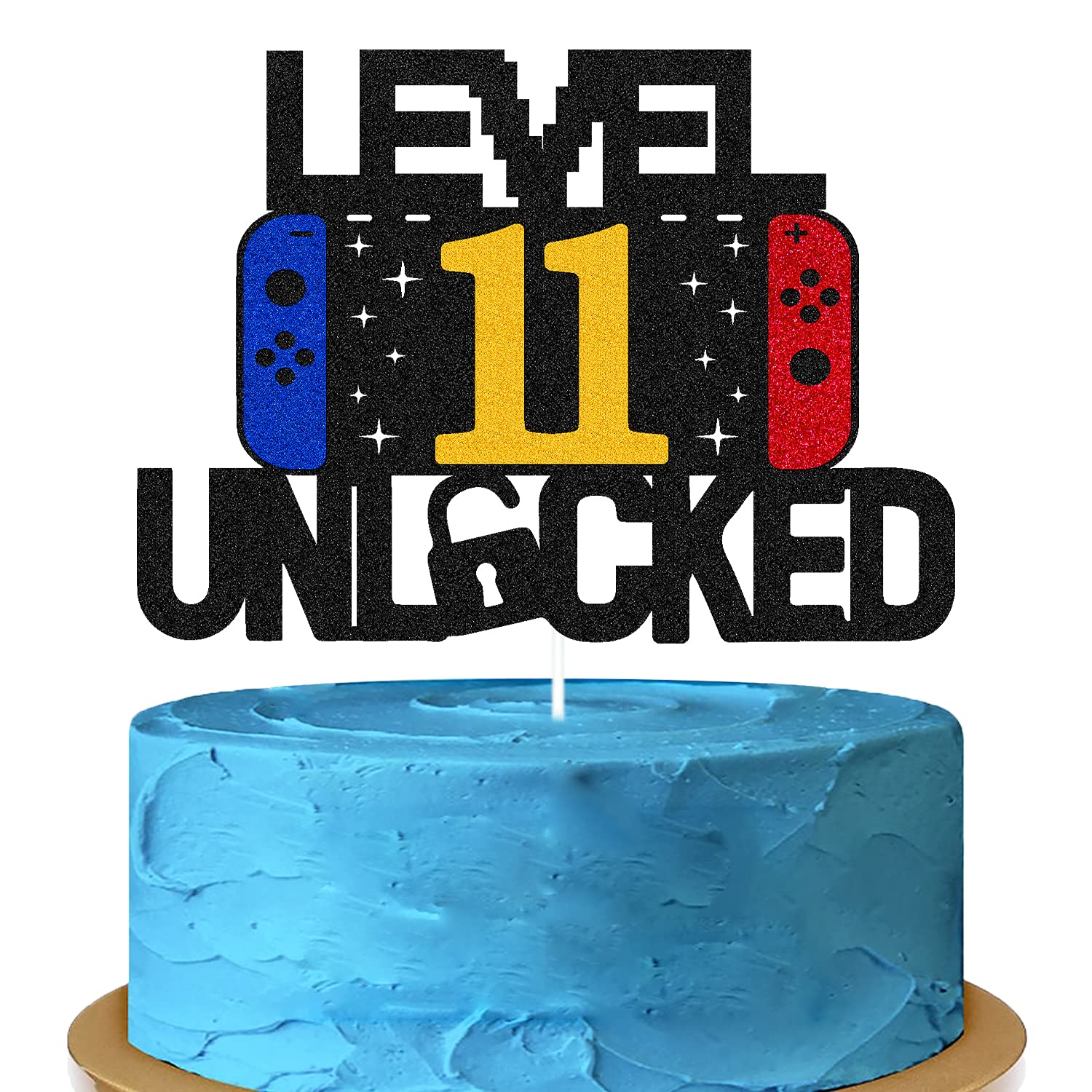 Level 11th Unlocked Sign Cake Topper Happy 11th Birthday Level Up Eleventh Cake Decorations for Video Game Controller Themed Kids Boy Girl Bday Party Supplies Double Sided