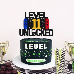 Level 11th Unlocked Sign Cake Topper Happy 11th Birthday Level Up Eleventh Cake Decorations for Video Game Controller Themed Kids Boy Girl Bday Party Supplies Double Sided