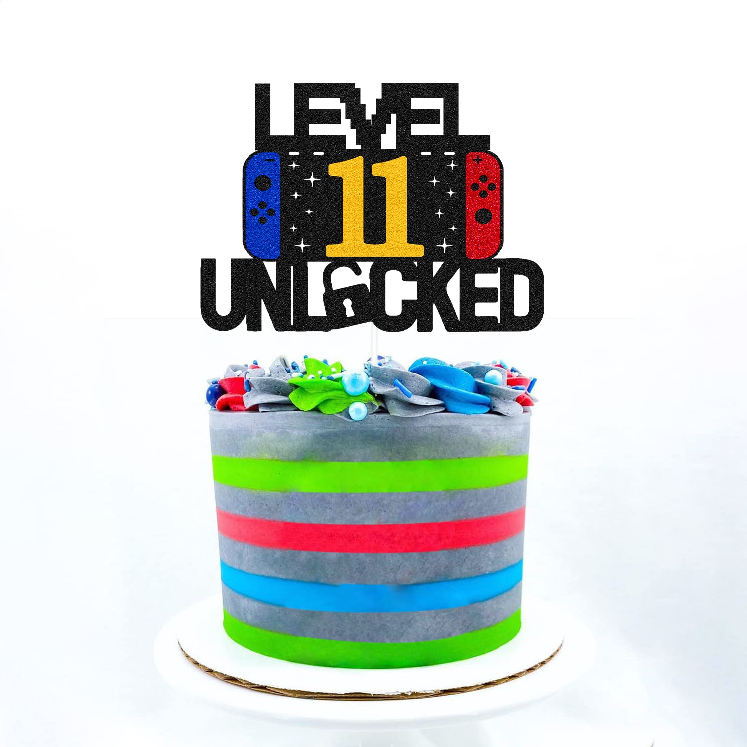 Level 11th Unlocked Sign Cake Topper Happy 11th Birthday Level Up Eleventh Cake Decorations for Video Game Controller Themed Kids Boy Girl Bday Party Supplies Double Sided