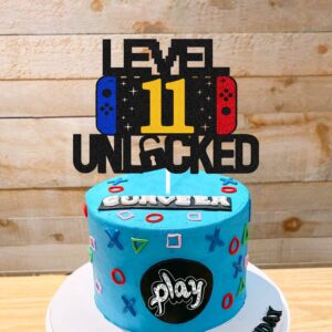 Level 11th Unlocked Sign Cake Topper Happy 11th Birthday Level Up Eleventh Cake Decorations for Video Game Controller Themed Kids Boy Girl Bday Party Supplies Double Sided