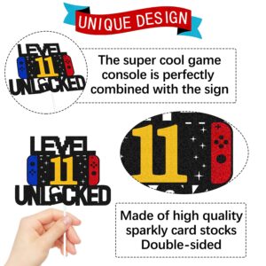 Level 11th Unlocked Sign Cake Topper Happy 11th Birthday Level Up Eleventh Cake Decorations for Video Game Controller Themed Kids Boy Girl Bday Party Supplies Double Sided