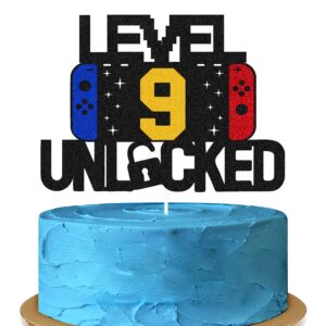 level 9th unlocked sign cake topper happy 9th birthday level up tenth cake decorations for video game controller themed kids boy girl bday party supplies double sided