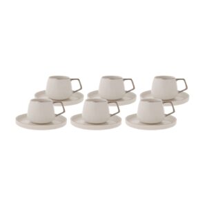 KARACA Saturn Turkish Coffee Cups, Espresso Cups Set of 6 includes 12 pieces, 3 oz espresso cup set, Small Espresso Cups and Saucers, Set of 6 Demitasse Cups with Silver Handle on White Porcelain