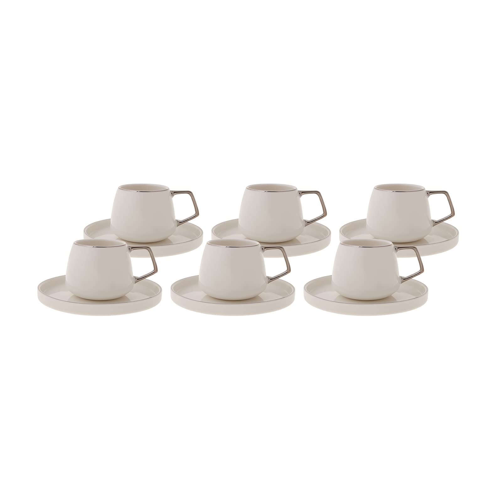 KARACA Saturn Turkish Coffee Cups, Espresso Cups Set of 6 includes 12 pieces, 3 oz espresso cup set, Small Espresso Cups and Saucers, Set of 6 Demitasse Cups with Silver Handle on White Porcelain