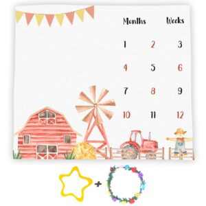 farm theme baby monthly milestone blanket, 48x40in soft flannel, tractor and barn backgrounds, newborn mom gifts, baby shower age growth tracker with bonus maker btwyfs76