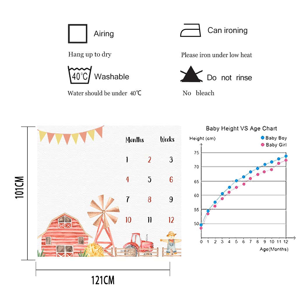 Farm Theme Baby Monthly Milestone Blanket, 48x40in Soft Flannel, Tractor and Barn Backgrounds, Newborn Mom Gifts, Baby Shower Age Growth Tracker with Bonus Maker BTWYFS76