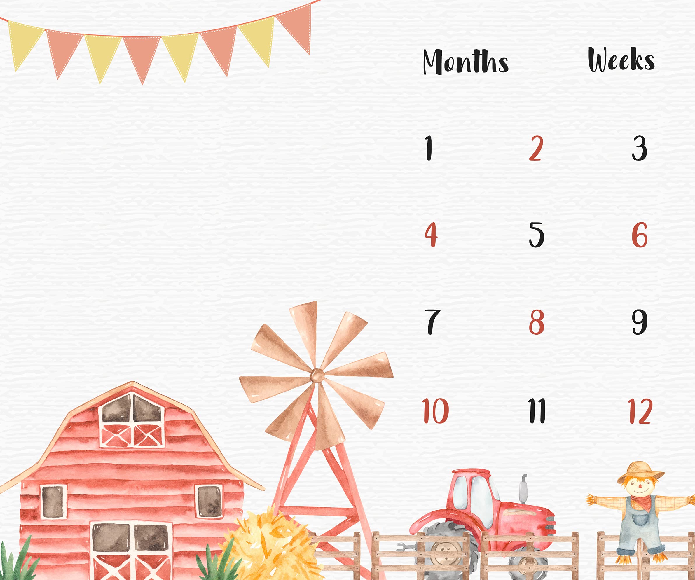 Farm Theme Baby Monthly Milestone Blanket, 48x40in Soft Flannel, Tractor and Barn Backgrounds, Newborn Mom Gifts, Baby Shower Age Growth Tracker with Bonus Maker BTWYFS76