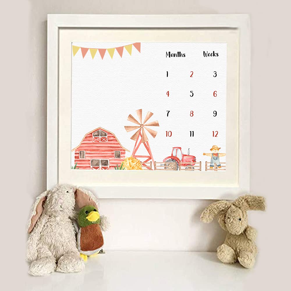 Farm Theme Baby Monthly Milestone Blanket, 48x40in Soft Flannel, Tractor and Barn Backgrounds, Newborn Mom Gifts, Baby Shower Age Growth Tracker with Bonus Maker BTWYFS76