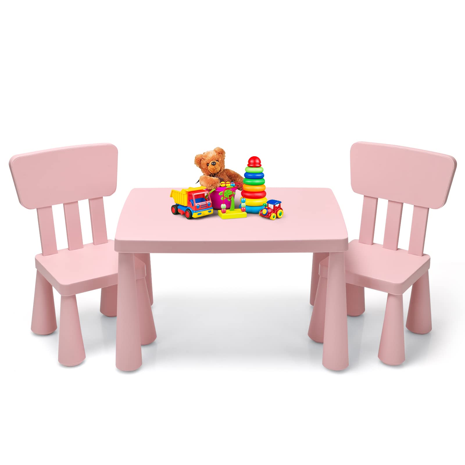 HONEY JOY Kids Table and Chair Set, Plastic Children Activity Table and 2 Chairs for Art Craft, Easy-Clean Tabletop, 3-Piece Toddler Furniture Set for Daycare Playroom, Gift for Boys Girls(Pink)