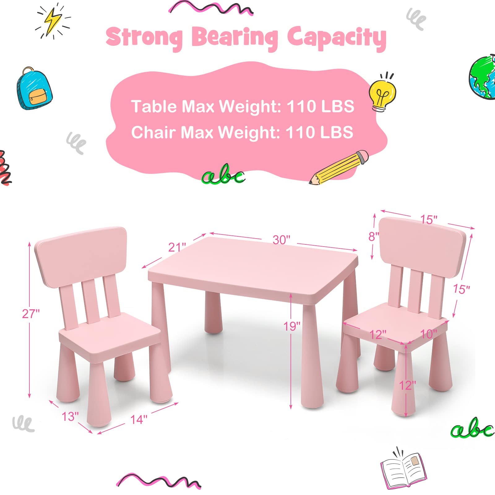 HONEY JOY Kids Table and Chair Set, Plastic Children Activity Table and 2 Chairs for Art Craft, Easy-Clean Tabletop, 3-Piece Toddler Furniture Set for Daycare Playroom, Gift for Boys Girls(Pink)