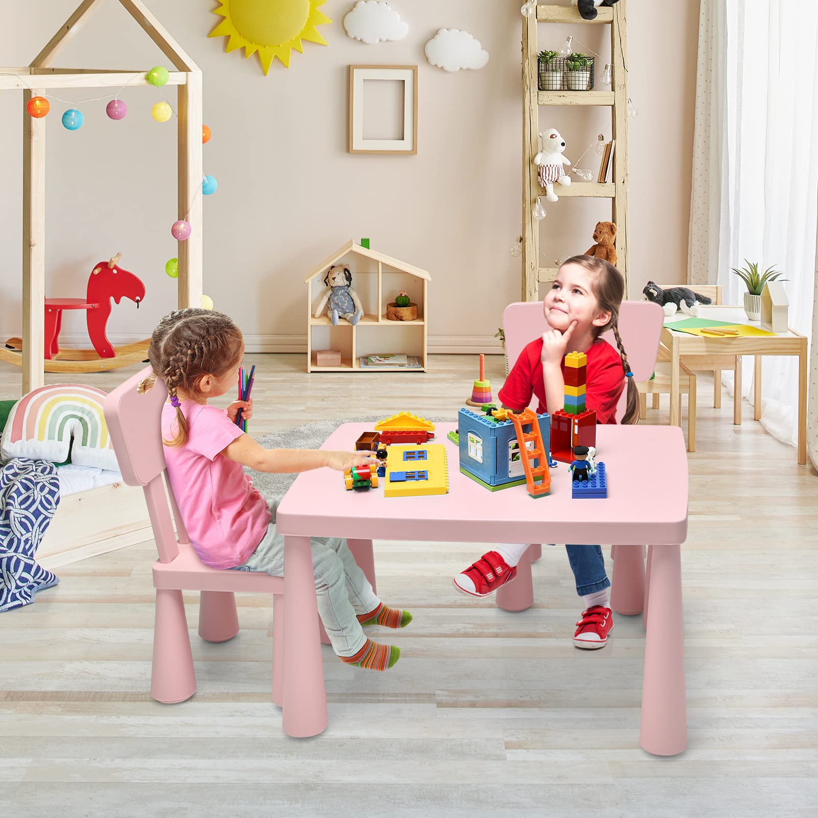 HONEY JOY Kids Table and Chair Set, Plastic Children Activity Table and 2 Chairs for Art Craft, Easy-Clean Tabletop, 3-Piece Toddler Furniture Set for Daycare Playroom, Gift for Boys Girls(Pink)