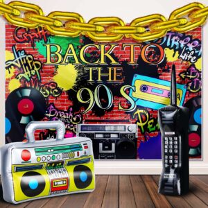 80s 90s party decorations supplies includes inflatable radio boombox backdrop inflatable mobile phone and 16 inch gold foil chain balloons for 80s 90s party (novel style)