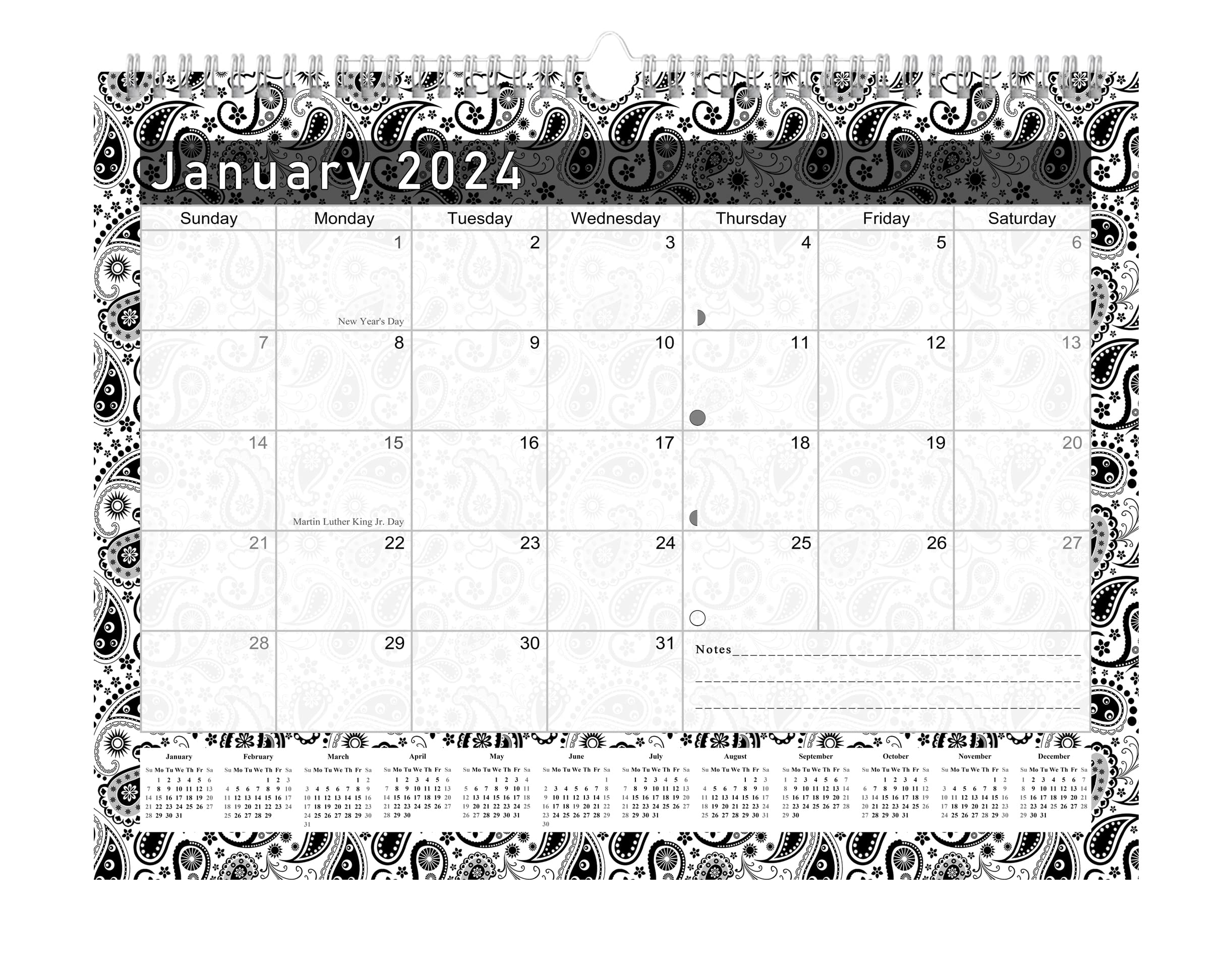 2023-2024 Monthly Spiral-Bound Wall/Desk Calendar - 16 Months Desktop/Wall Blotter Calendar/Planner - (Black&White Paisley - Edition #011)