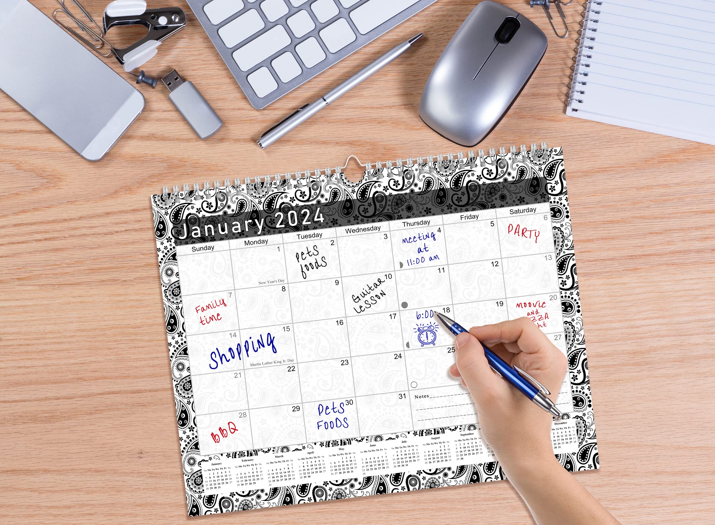 2023-2024 Monthly Spiral-Bound Wall/Desk Calendar - 16 Months Desktop/Wall Blotter Calendar/Planner - (Black&White Paisley - Edition #011)