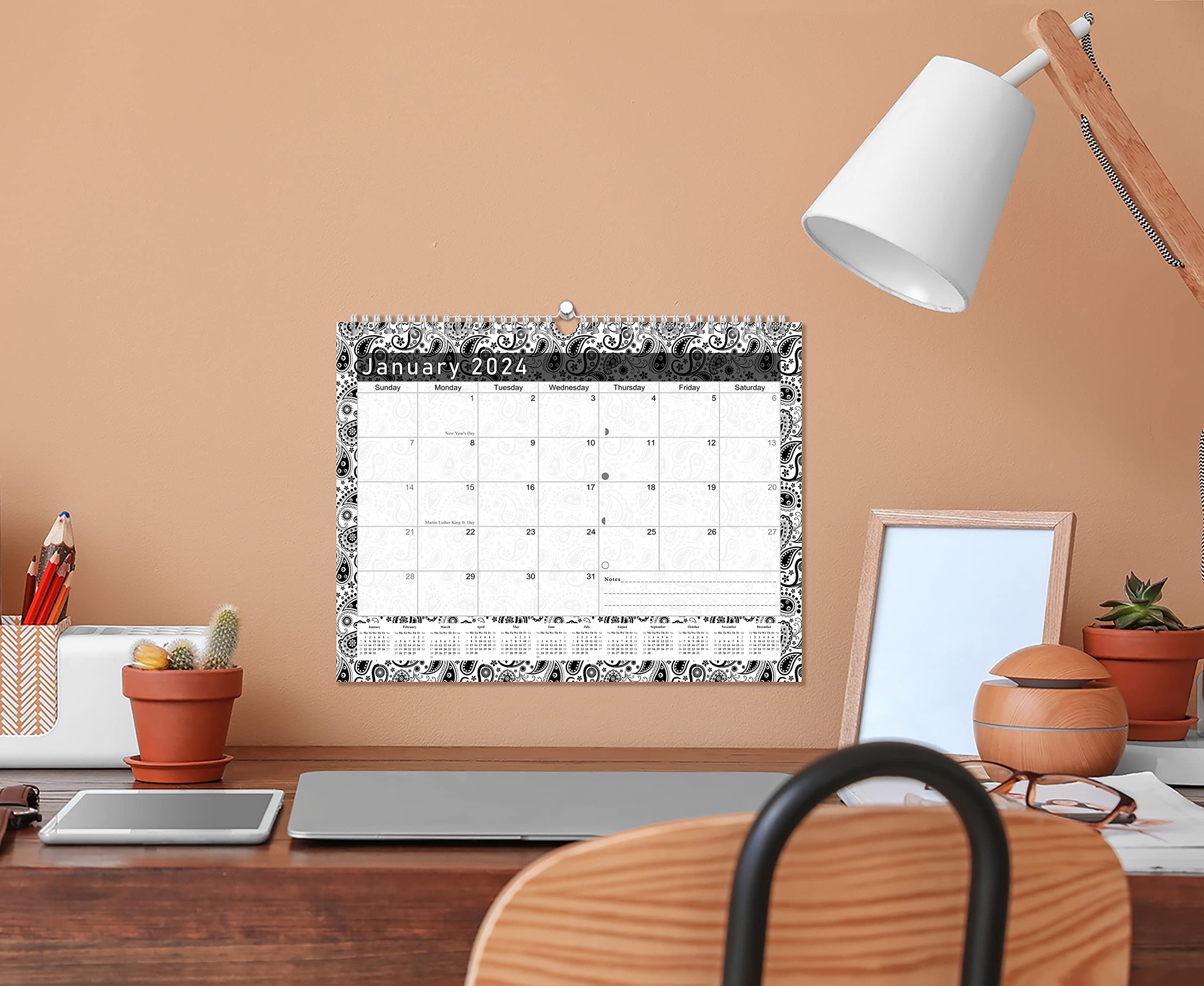 2023-2024 Monthly Spiral-Bound Wall/Desk Calendar - 16 Months Desktop/Wall Blotter Calendar/Planner - (Black&White Paisley - Edition #011)