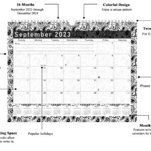 2023-2024 Monthly Spiral-Bound Wall/Desk Calendar - 16 Months Desktop/Wall Blotter Calendar/Planner - (Black&White Paisley - Edition #011)